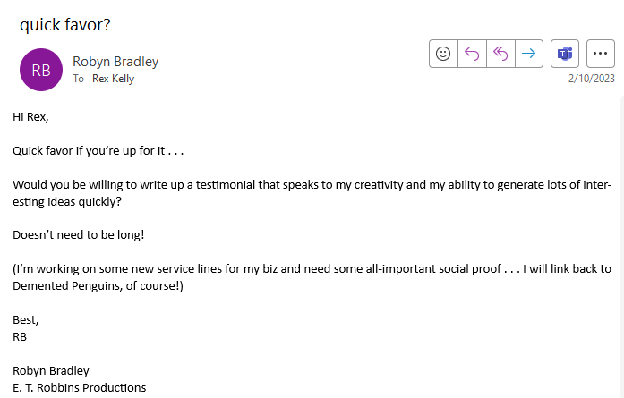 Example of an email request asking a client to write a testimonial