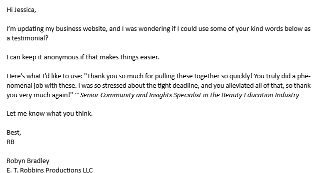 Example of a short email asking a client for a testimonial