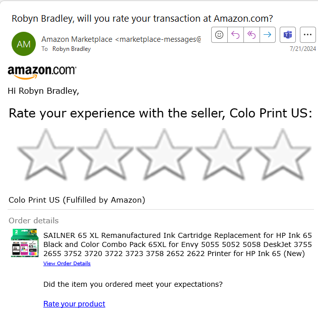 Image of "rate your experience on the Amazon marketplace" with five stars that you can fill in