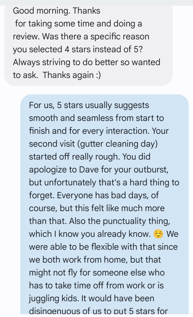 text from service provider questioning why I gave him a 4-star review and my response about what I believe constitutes a 5-star review and that he hadn't provided us with that