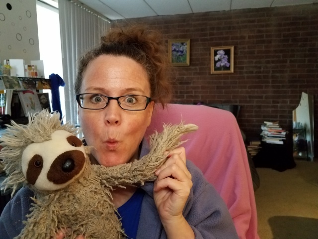 Picture of Robyn (copywriter) and Stewie (a plush sloth) wondering "Is copywriting for me?"