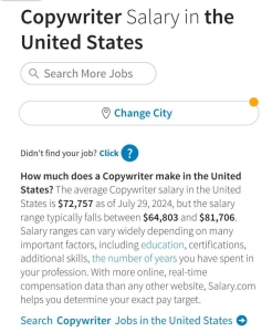 screenshot of salary.com web page showing copywriter salaries