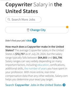 screenshot of Salary.com's copywriter salary page in the U.S.