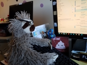 plush sloth sitting in front of a computer