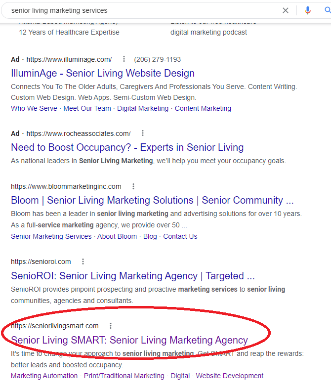 Google results on the search for "senior living marketing services"