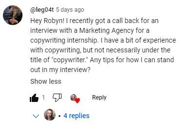 Comment on a YouTube video asking about advice for acing an interview for a copywriting internship