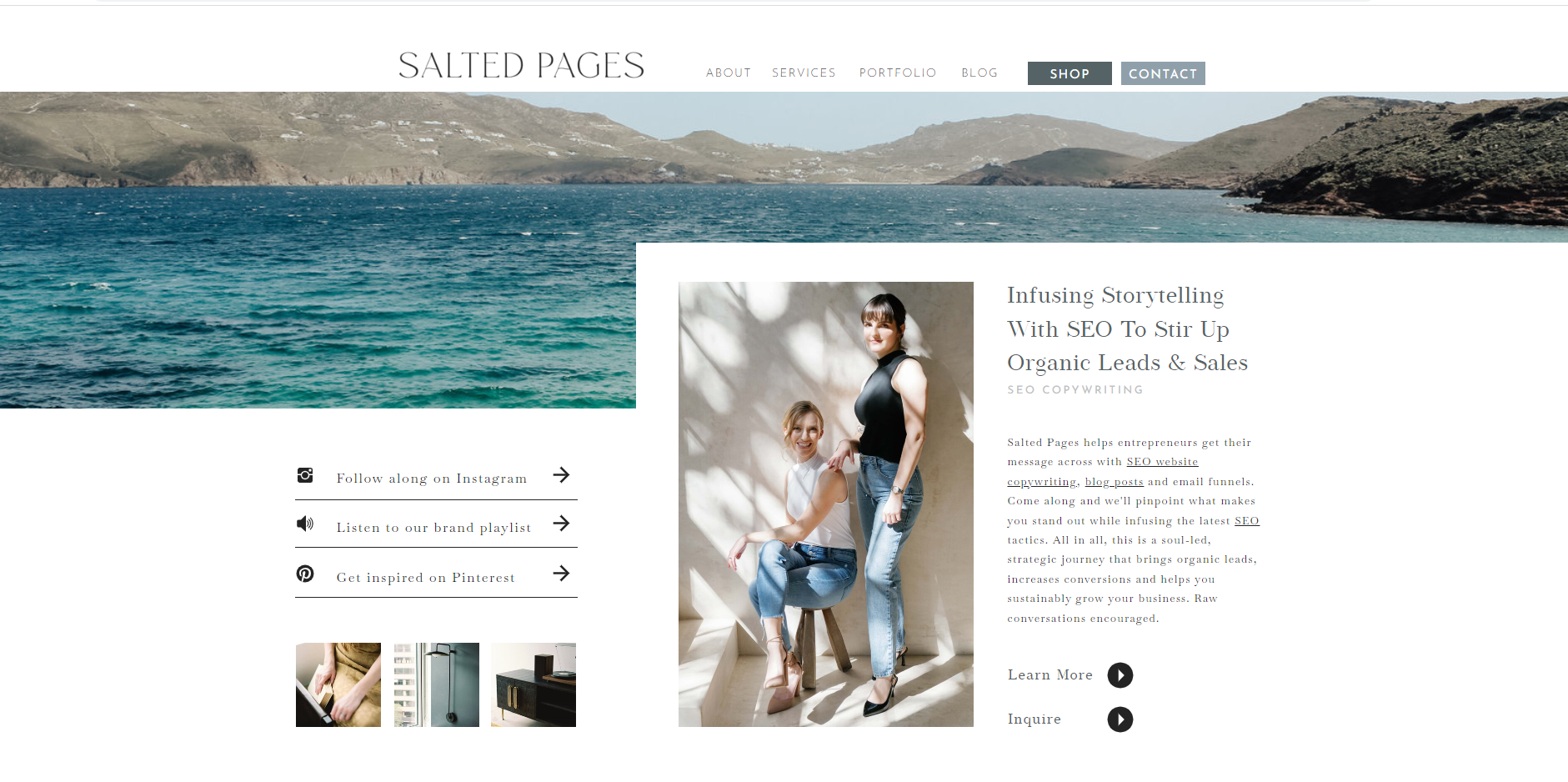 website home page for a copywriting agency called Salted Pages. The home page shows an image of the sea in the background and two young-ish white women dressed casually in jeans, along with text about their agency.