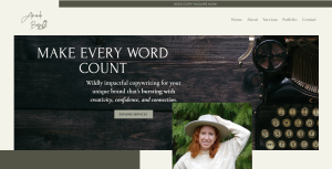 snapshot of home page for copywriter Amanda Born. The headline read "Make Every Word Count," and it features a shot of Amanda who is youngish white woman with shoulder length red hair. She's wearing a white hat and smiling.