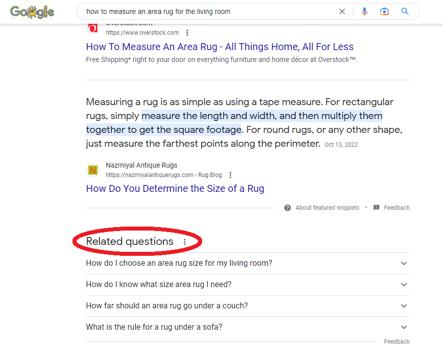 A screenshot of google search results for the query "how to measure an area rug for the living room" - a red circle is around the "related questions" list
