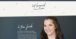 snapshot of home page for copywriter Kat Boogaard. The snapshot shows the headshot of a young-ish white woman with shoulder length brown hair. She is smiling. To the left is text about her and her business. Her logo above says "Kat Boogaard"