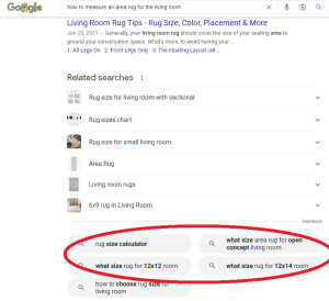 screenshot of google search results for the query "how to measure an area rug for the living room" - red circle around the "people also asked" section at the bottom of the listing