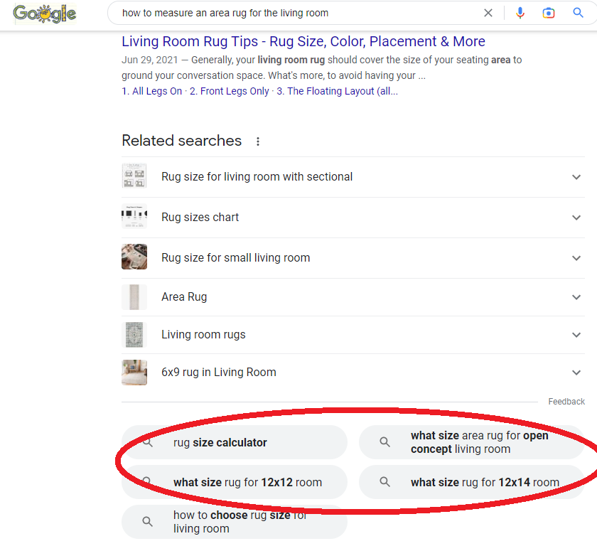 screenshot of google search results for the query "how to measure an area rug for the living room" - red circle around the "people also asked" section at the bottom of the listing