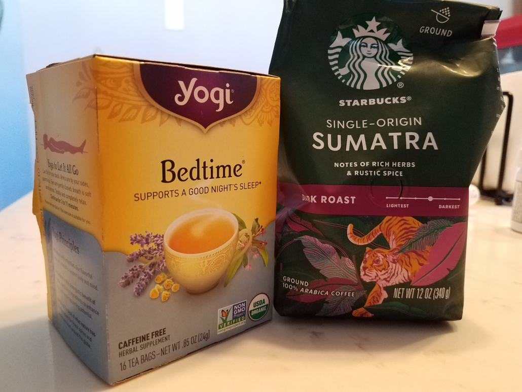 Picture of box of Yogi Bedtime Tea and package of Starbucks Sumatra Coffee